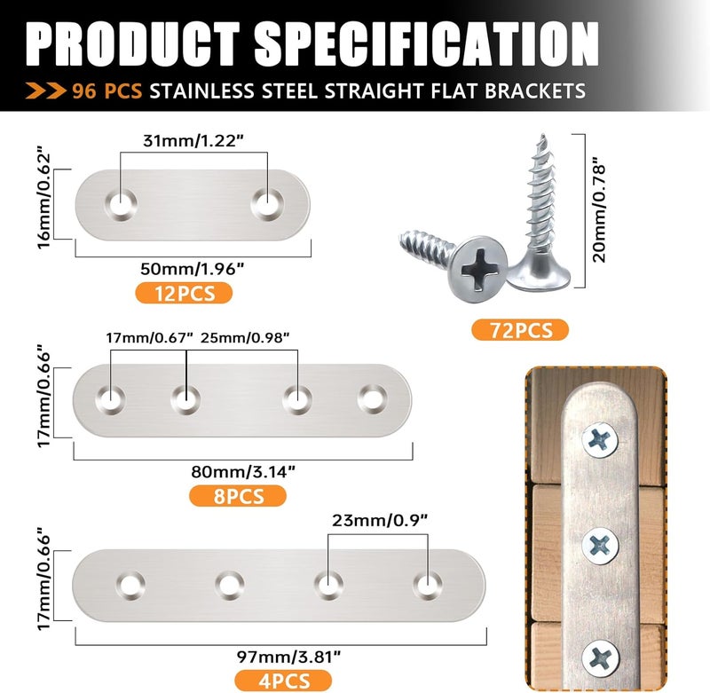 mankk 96PCS Flat Metal Brackets Mending Plate Stainless Steel Flat Straight Brace Brackets Fixed Connecting Plate for Wood Repair Fixing M-G045 - Image 2
